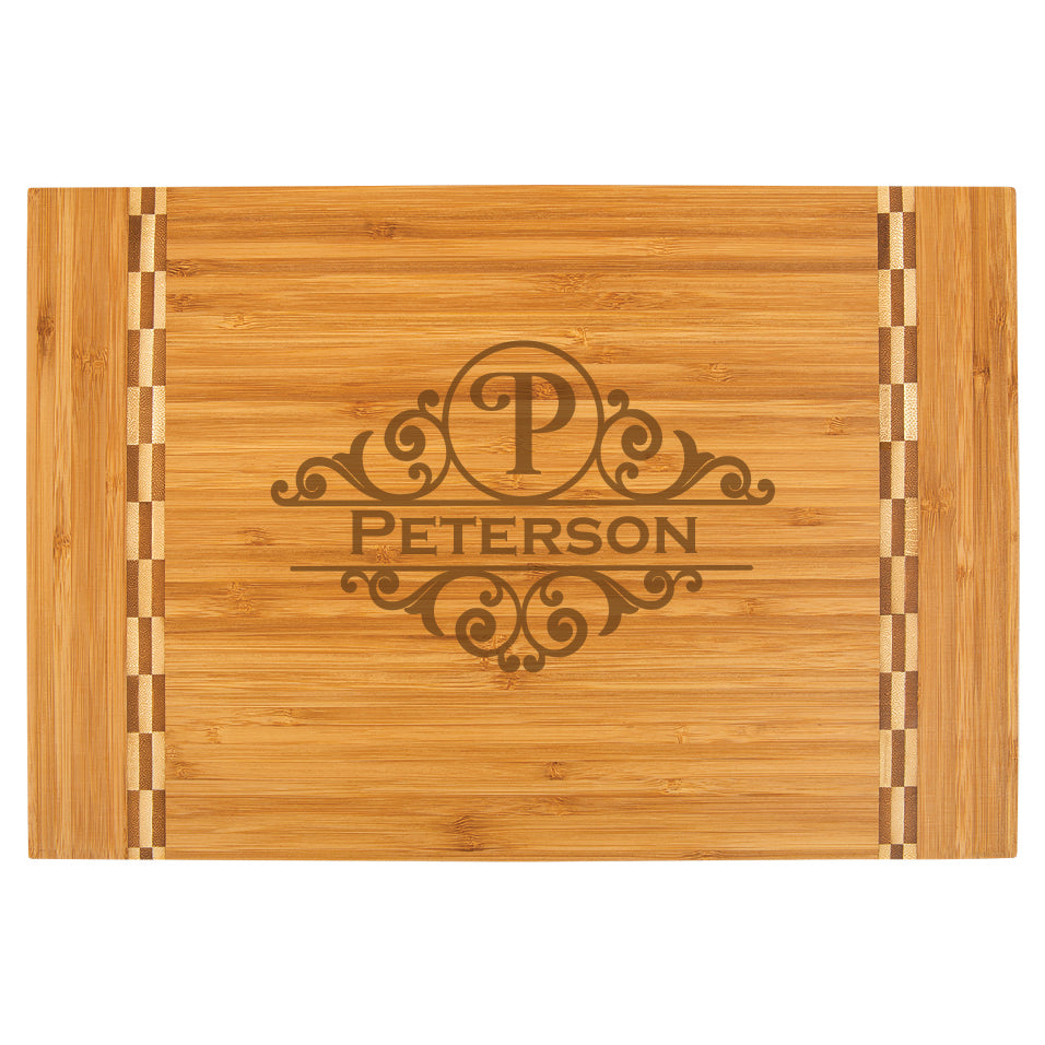 Bamboo Cutting Board with Butcher Block Inlay - Fancy Monogram