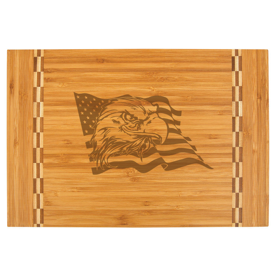 Bamboo Cutting Board with Butcher Block Inlay - Eagle and Flag