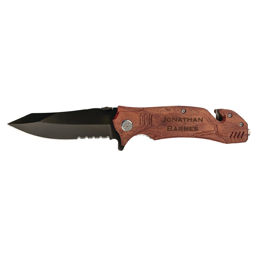 Custom Engraved 4.5" Rescue Knife, Glass Breaker, and Seatbelt Cutter.