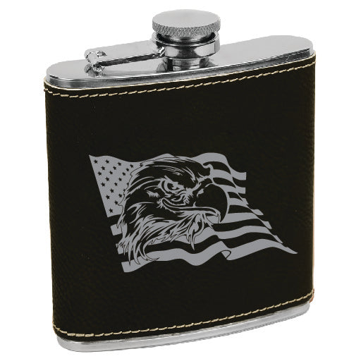 Custom Engraved 6 oz. Leatherette Stainless Steel Flask - Flag and Eagle