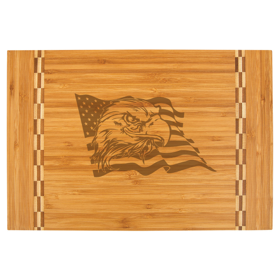 Custom Engraved 18 1/4" x 12" Bamboo Cutting Board with Butcher Block Inlay - Eagle and Flag
