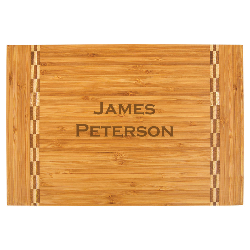 Custom Engraved 18 1/4" x 12" Bamboo Cutting Board with Butcher Block Inlay - Custom Name/Text